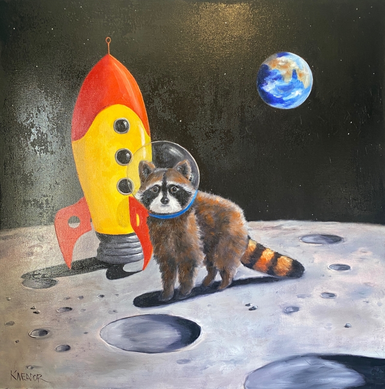 Raccoon on the Moon by artist Kathleen Meador